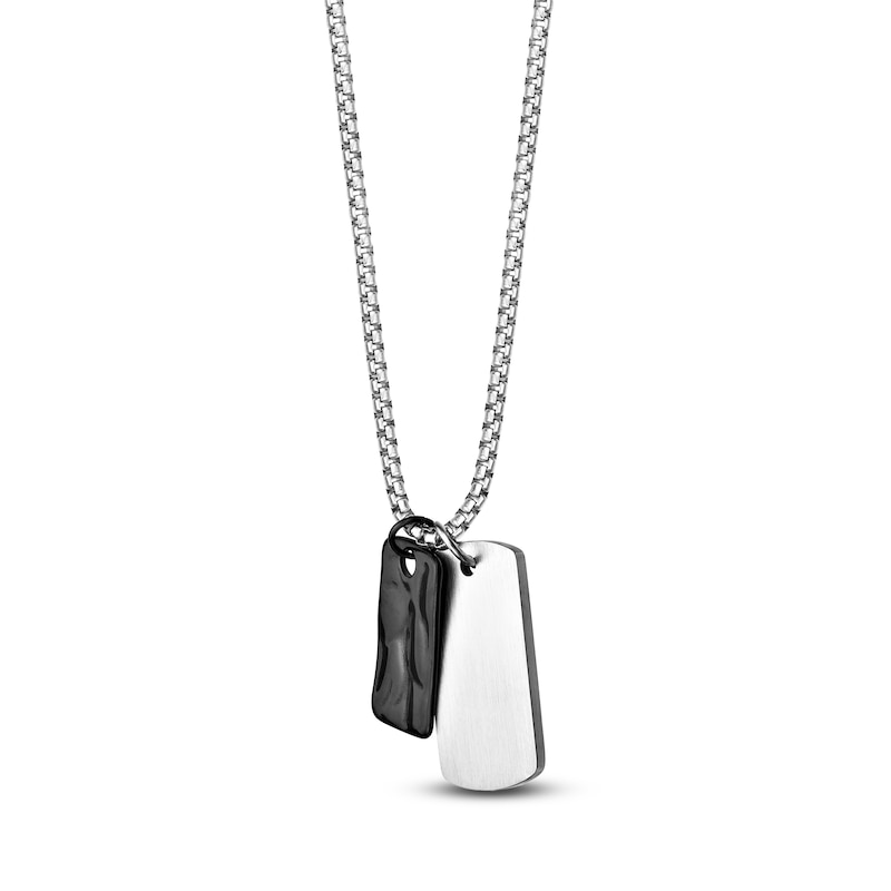 Main Image 2 of Men's Hammered & Smooth Double Dog Tag Necklace Stainless Steel & Black Ion Plating 22"