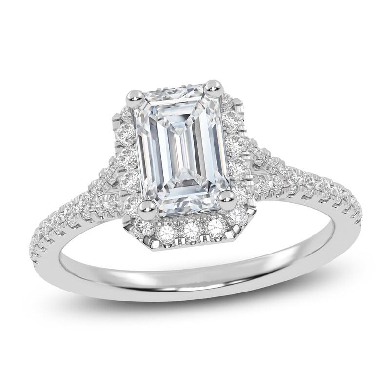 Main Image 1 of Emerald-Cut Lab-Grown Diamond Halo Engagement Ring 1-1/8 ct tw 14K White Gold