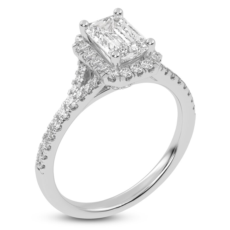 Main Image 2 of Emerald-Cut Lab-Grown Diamond Halo Engagement Ring 1-1/8 ct tw 14K White Gold