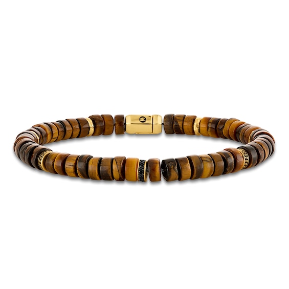1933 by Esquire Men's Natural Tiger's Eye Quartz Bead & Black Spinel Bracelet 14K Yellow Gold-Plated Stainless Steel & Sterling Silver 8.5"