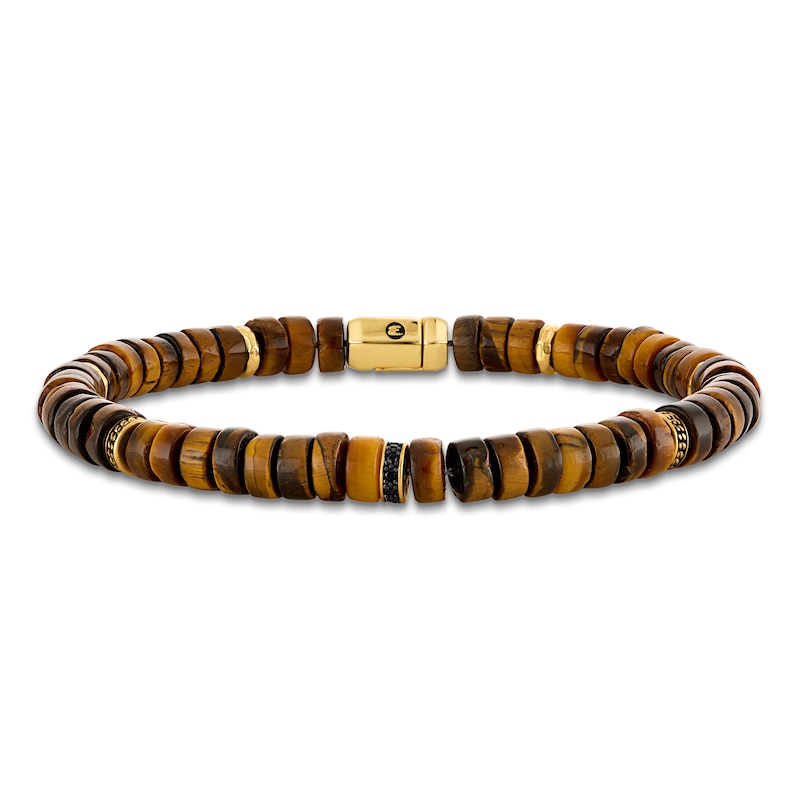 Main Image 1 of 1933 by Esquire Men's Natural Tiger's Eye Quartz Bead & Black Spinel Bracelet 14K Yellow Gold-Plated Sterling Silver 8.5"