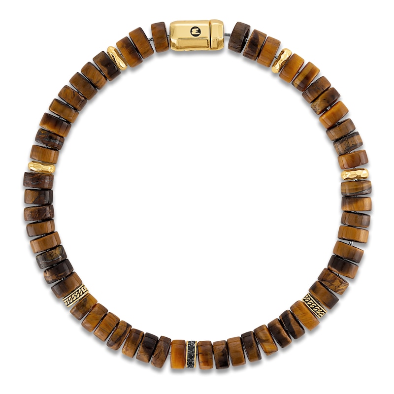 Main Image 2 of 1933 by Esquire Men's Natural Tiger's Eye Quartz Bead & Black Spinel Bracelet 14K Yellow Gold-Plated Sterling Silver 8.5"