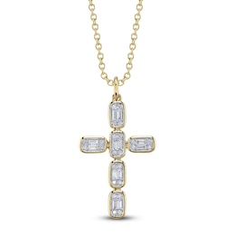 Shy Creation Baguette & Round-Cut Multi-Diamond Cross Necklace 1/4 ct tw 14K Yellow Gold 18" SC55027791RD
