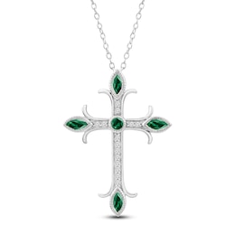 Marquise & Round-Cut Natural Emerald & Diamond Cross Necklace 1/10 ct tw 14K White Gold 18"