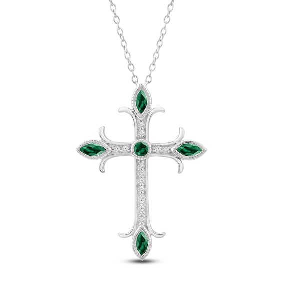 Marquise & Round-Cut Natural Emerald & Diamond Cross Necklace 1/10 ct tw 14K White Gold 18"