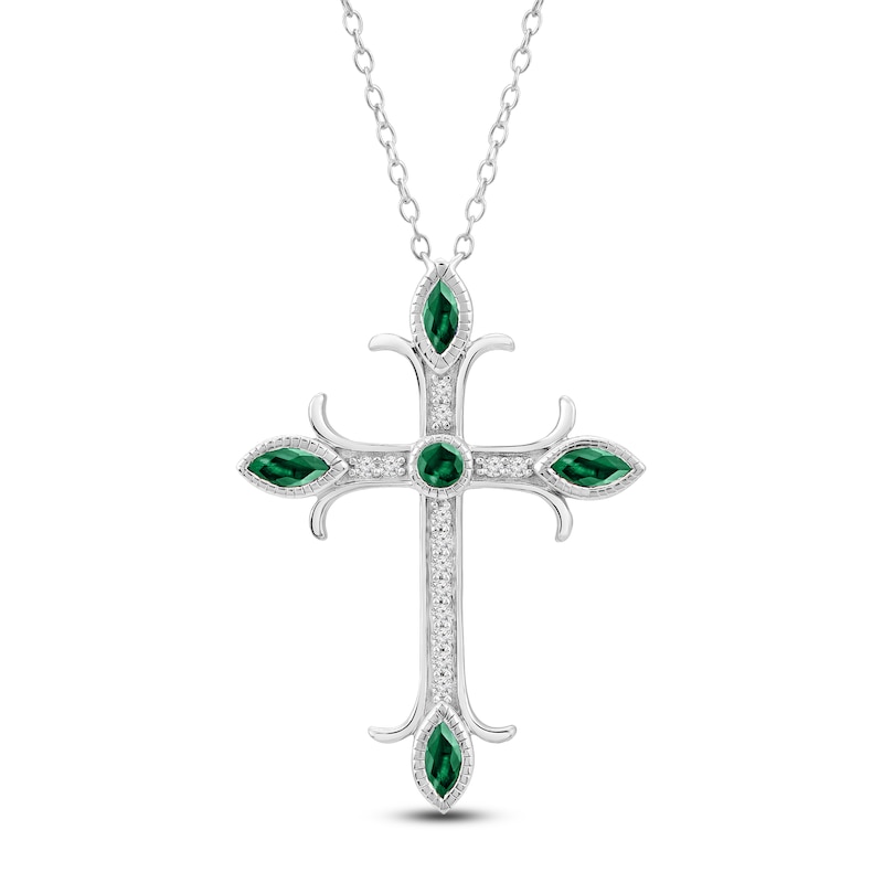 Main Image 1 of Marquise & Round-Cut Natural Emerald & Diamond Cross Necklace 1/10 ct tw 14K White Gold 18"