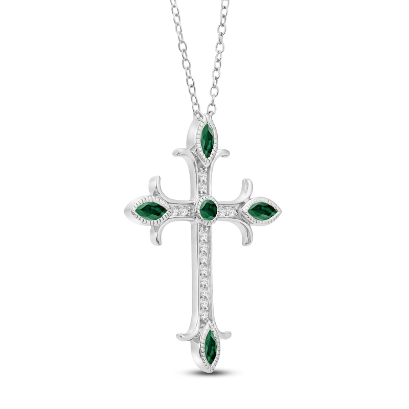Main Image 2 of Marquise & Round-Cut Natural Emerald & Diamond Cross Necklace 1/10 ct tw 14K White Gold 18"