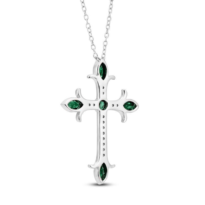 Main Image 3 of Marquise & Round-Cut Natural Emerald & Diamond Cross Necklace 1/10 ct tw 14K White Gold 18"