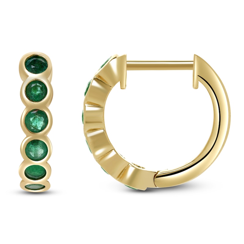 Main Image 1 of Natural Emerald Bezel-Set Hoop Earrings 14K Yellow Gold