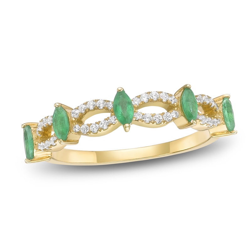 Main Image 1 of Marquise-Cut Natural Emerald & Diamond Scalloped Ring 1/5 ct tw 10K Yellow Gold