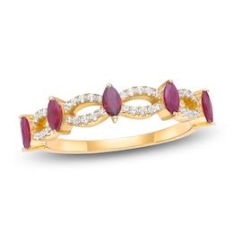 Marquise-Cut Natural Ruby & Diamond Scalloped Ring 1/5 ct tw 10K Yellow Gold
