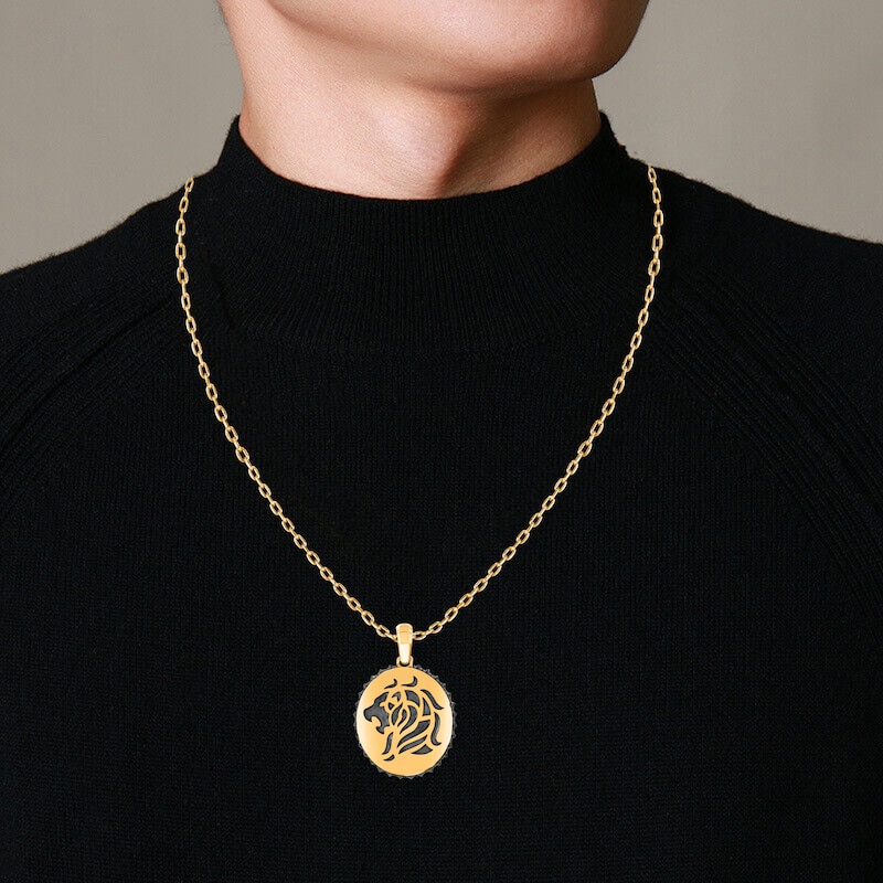 Main Image 4 of Men's Black Diamond & Enamel Lion Silhouette Necklace 1 ct tw 10K Yellow Gold 20"