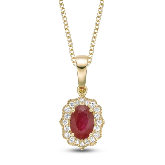 Oval-Cut Natural Ruby & Diamond Arabesque Halo Necklace 1/10 ct tw 10K Yellow Gold 18"