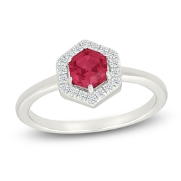Hexagon-Cut Lab-Created Ruby & Lab-Created White Sapphire Halo Ring Sterling Silver