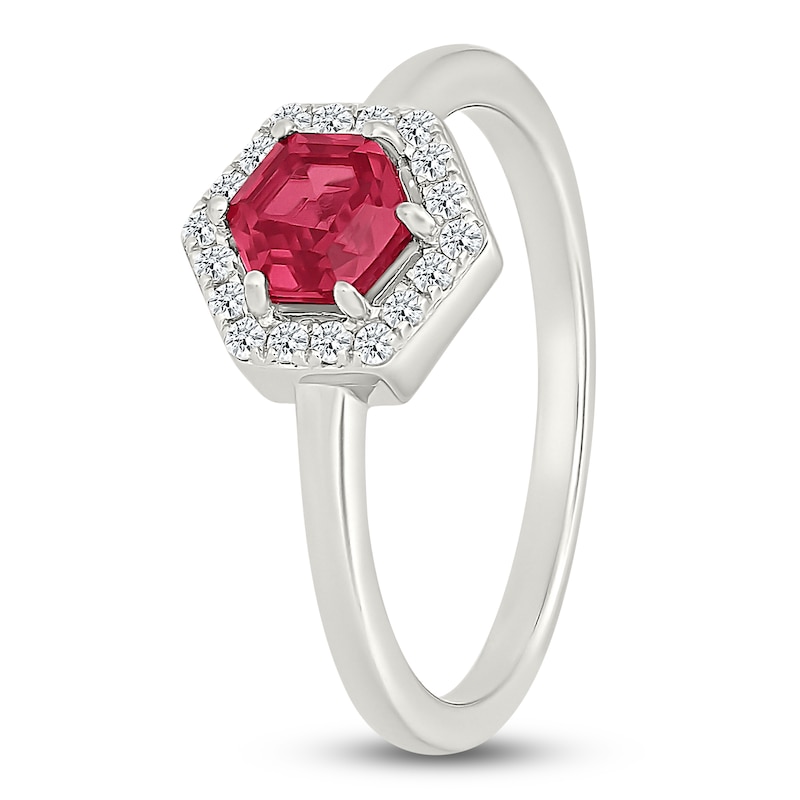 Main Image 2 of Hexagon-Cut Lab-Created Ruby & Lab-Created White Sapphire Halo Ring Sterling Silver