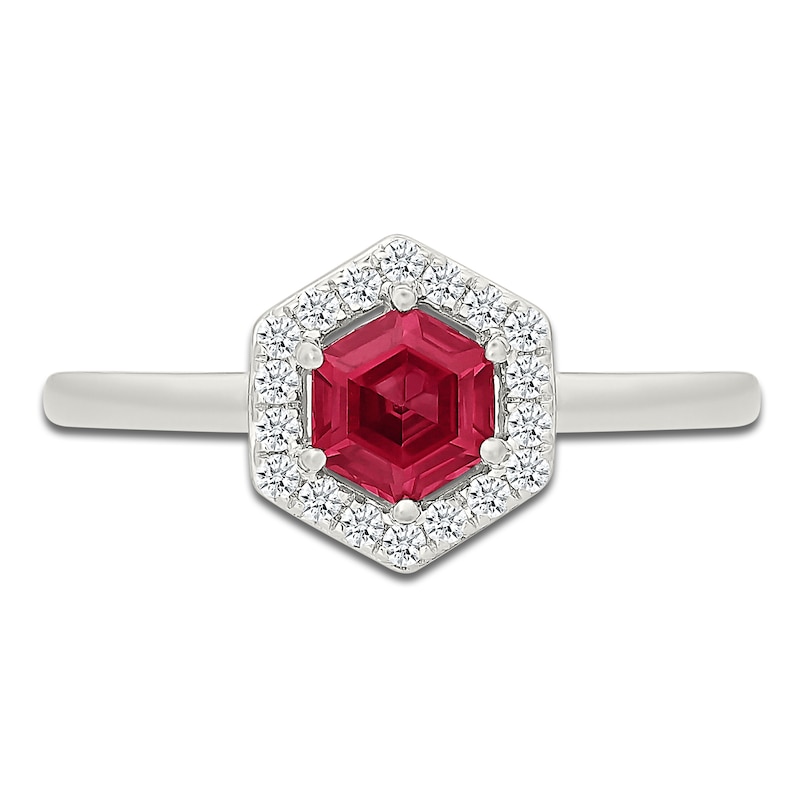 Main Image 3 of Hexagon-Cut Lab-Created Ruby & Lab-Created White Sapphire Halo Ring Sterling Silver