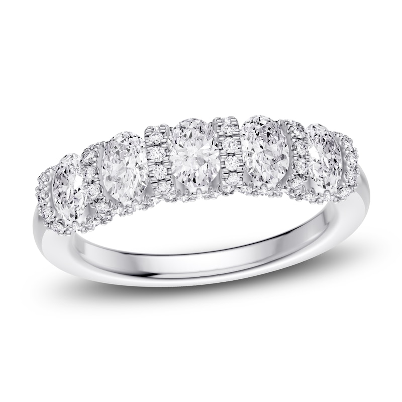 Main Image 1 of Certified Oval & Round-Cut Diamond Scalloped-Edge Anniversary Ring 1-1/2 ct tw 14K White Gold