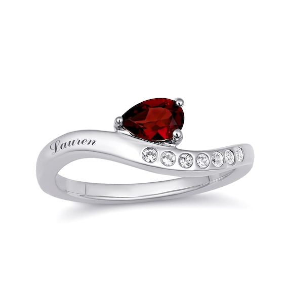 Birthstone and Sparkling Accent Stones Wave Ring (1 Stone and 1 Line)
