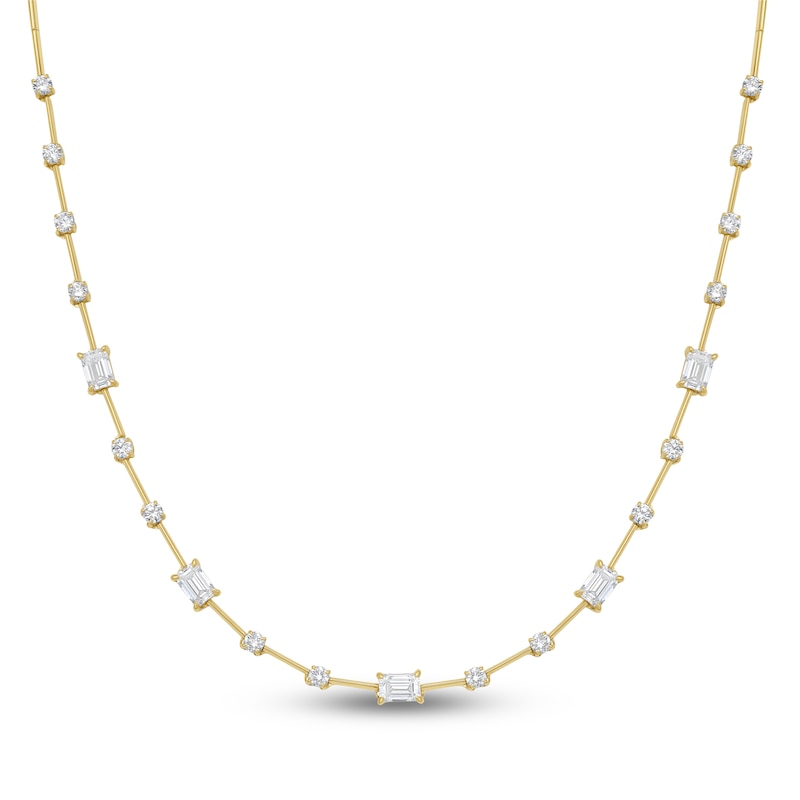 Main Image 2 of Jared Signature Emerald & Round-Cut Lab-Grown Diamond Station Bar Link Station Necklace 5 ct tw 14K Yellow Gold 18" Adj.