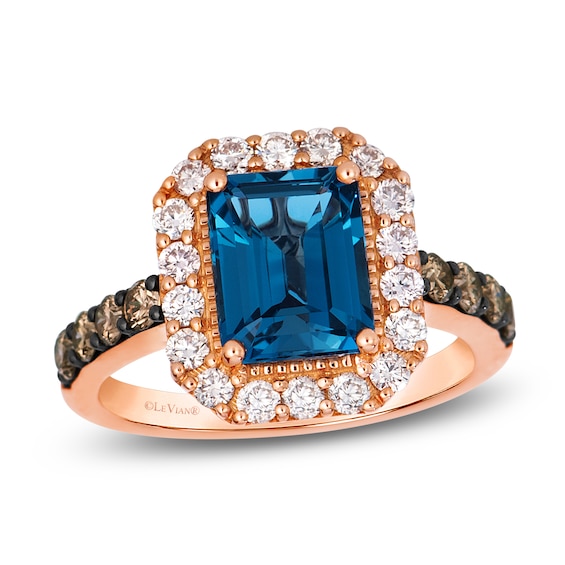 Le Vian Rectangle-Cut Natural London Blue Topaz Halo Ring 7/8 ct tw Diamonds 14K Strawberry Gold