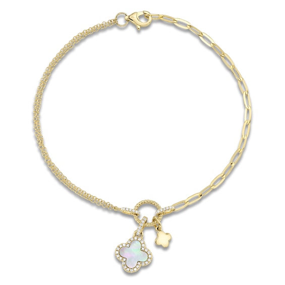 Shy Creation Natural Mother-of-Pearl & Diamond Clover Bracelet 1/10 ct tw 14K Yellow Gold 7"