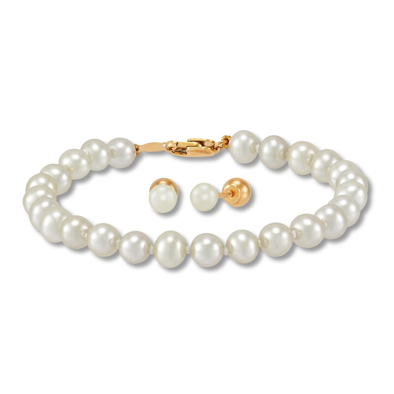 14k Yellow Gold Children's Cultured Pearl Necklace, Bracelet & Earrings Set 14k Yellow Gold Children's Cultured Pearl Necklace, Bracelet & Earrings Set