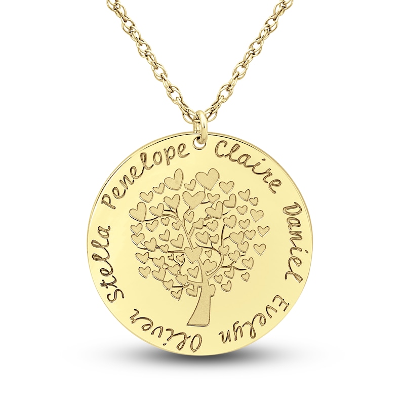 Engravable Family Tree Pendant Necklace 14K Yellow Gold 25mm 18" Adj.