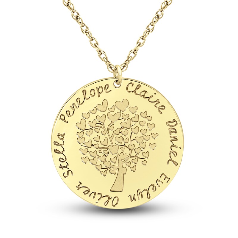 Engravable Family Tree Pendant Necklace 14K Yellow Gold 25mm 18" Adj.