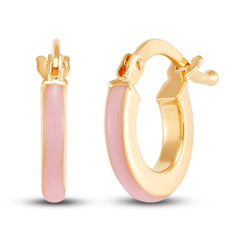 Children's Pink Enamel Hoop Earrings 14K Yellow Gold