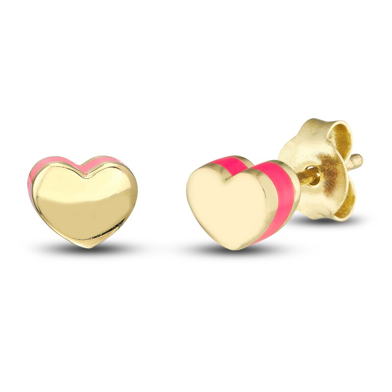 Main Image 1 of Heart Stud Earrings Pink Enamel 14K Yellow Gold