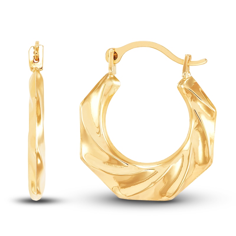 Swirled Round Hoop Earrings 14K Yellow Gold with 360