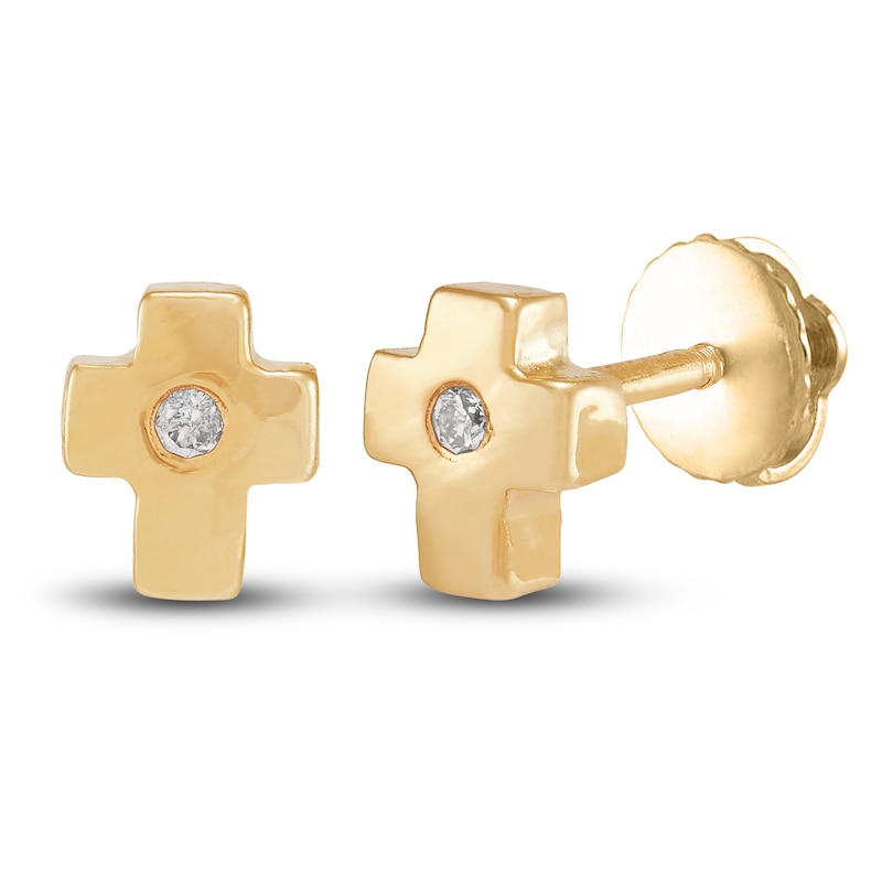 Children's Cross Stud Earrings Diamond Accents 14K Yellow Gold