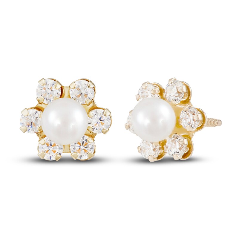 Cultured Freshwater Pearl & Natural White Topaz Flower Stud Earring 14K Yellow Gold