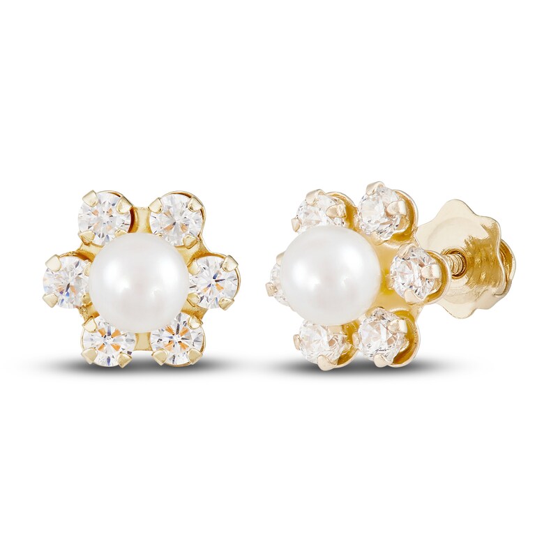Cultured Freshwater Pearl & Natural White Topaz Flower Stud Earring 14K Yellow Gold