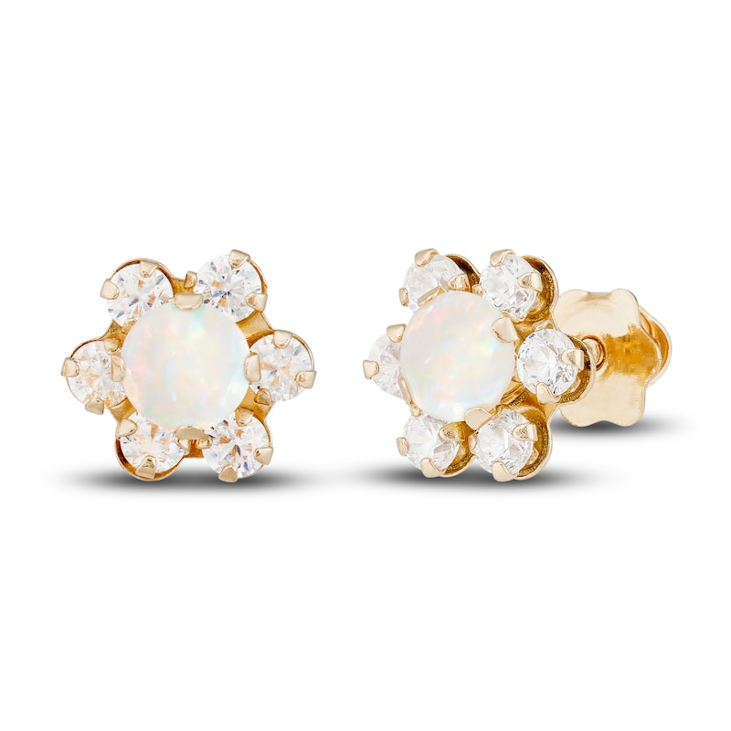 Natural Opal & Natural White Topaz Flower Stud Earrings 14K Yellow Gold