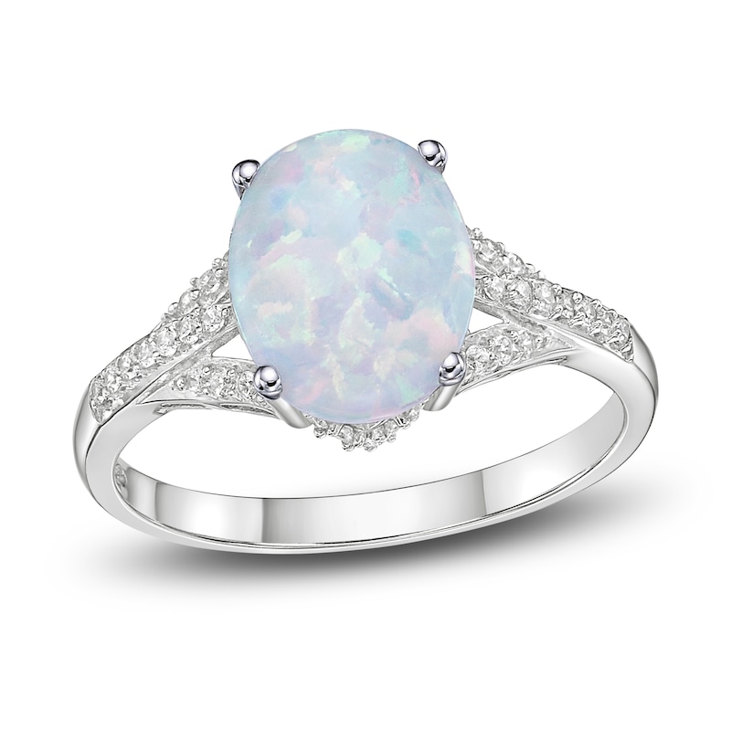 Main Image 1 of Lab-Created Opal Ring 1/6 ct tw Diamonds 10K White Gold