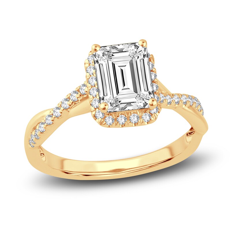 Main Image 1 of Lab-Created Diamond Engagement Ring 2-1/3 ct tw Emerald/Round 14K Yellow Gold