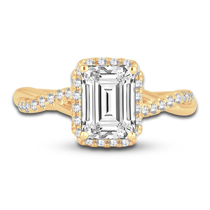 Main Image 3 of Lab-Created Diamond Engagement Ring 2-1/3 ct tw Emerald/Round 14K Yellow Gold