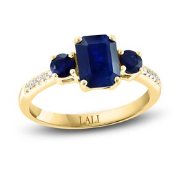 LALI Jewels Natural Blue Sapphire 3-Stone Engagement Ring 1/20 ct tw Diamonds 14K Yellow Gold