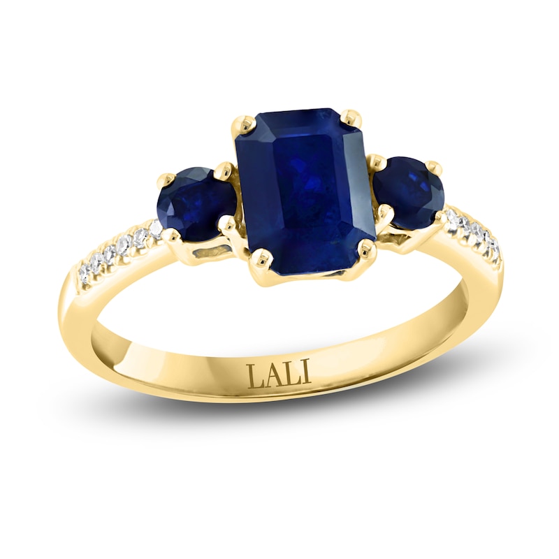 Main Image 1 of LALI Jewels Natural Blue Sapphire 3-Stone Engagement Ring 1/20 ct tw Diamonds 14K Yellow Gold