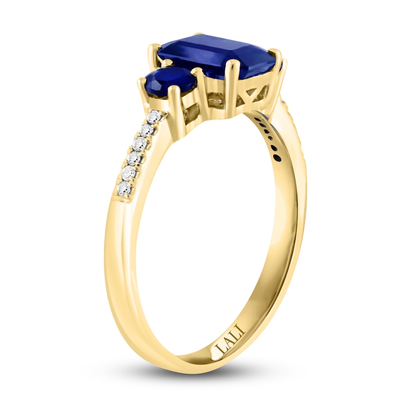 Main Image 2 of LALI Jewels Natural Blue Sapphire 3-Stone Engagement Ring 1/20 ct tw Diamonds 14K Yellow Gold