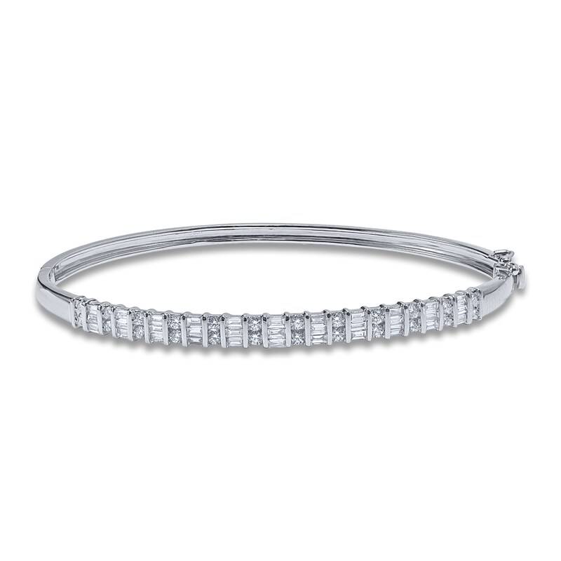 Diamond Bangle Bracelet 1 ct tw Round/Baguette 14K White Gold 7"