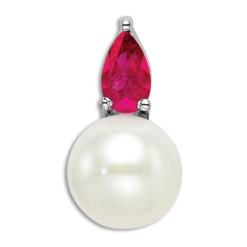 Cultured Freshwater Pearl & Natural Ruby Necklace Charm 14K White Gold
