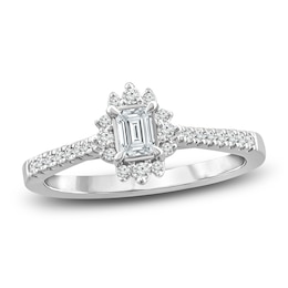 Diamond Halo Engagement Ring 1 ct tw Emerald/Round 14K White Gold