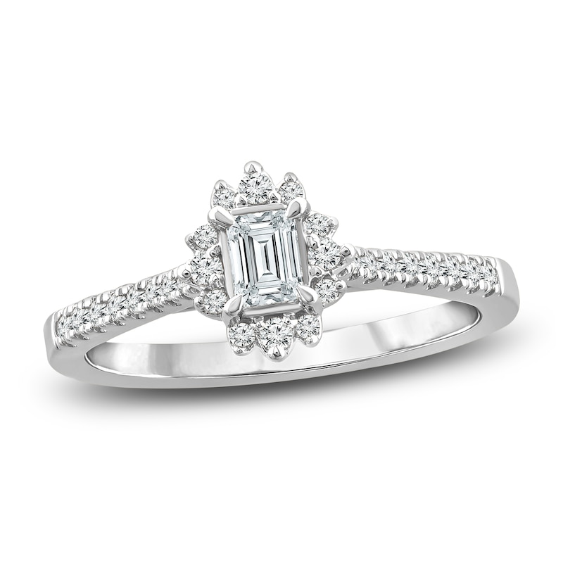 Diamond Halo Engagement Ring 1 ct tw Emerald/Round 14K White Gold