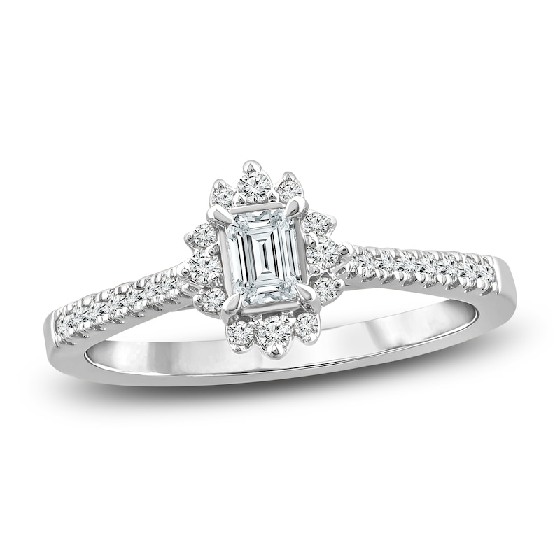 Main Image 1 of Diamond Halo Engagement Ring 1 ct tw Emerald/Round 14K White Gold