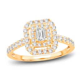 Diamond Double Halo Engagement Ring 3/4 ct tw Emerald/Round 14K Yellow Gold