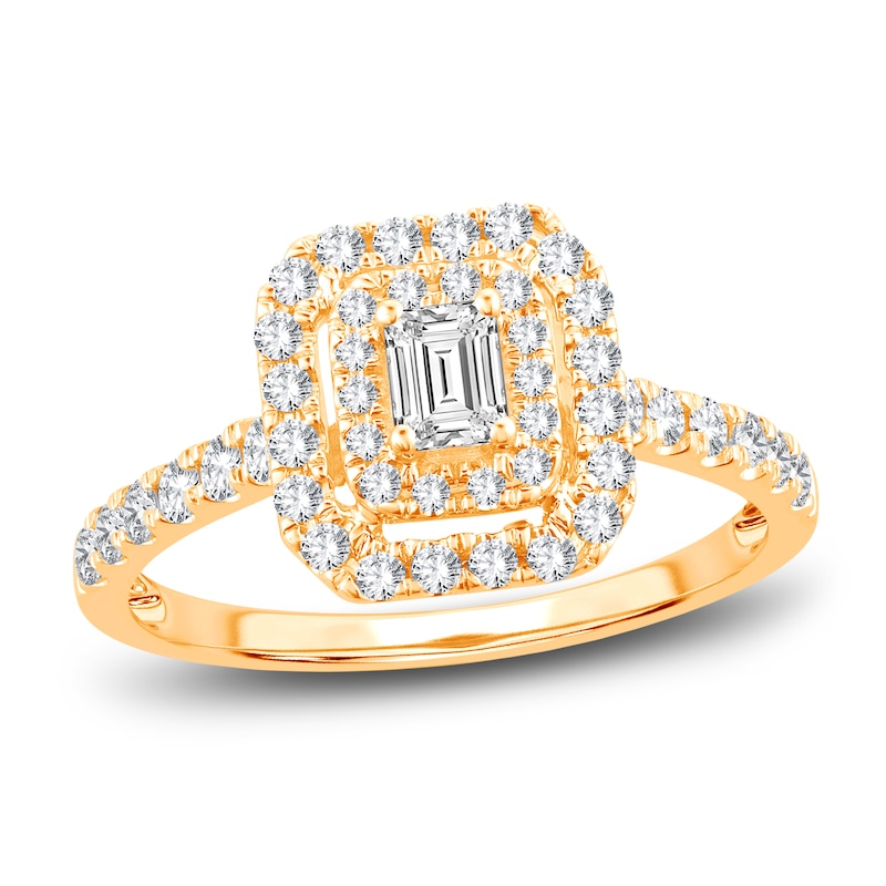 Main Image 1 of Diamond Double Halo Engagement Ring 3/4 ct tw Emerald/Round 14K Yellow Gold
