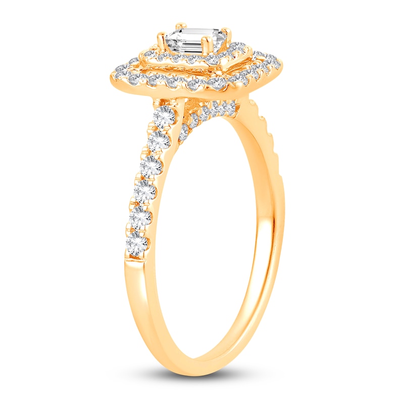 Main Image 2 of Diamond Double Halo Engagement Ring 3/4 ct tw Emerald/Round 14K Yellow Gold