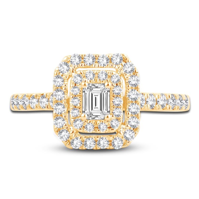 Main Image 3 of Diamond Double Halo Engagement Ring 3/4 ct tw Emerald/Round 14K Yellow Gold